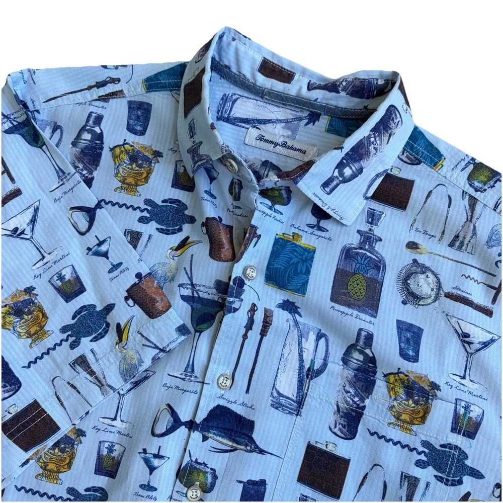 Tommy Bahama Shirt Mens Medium Blue Well Stocked Print Cotton Rayon Button Up